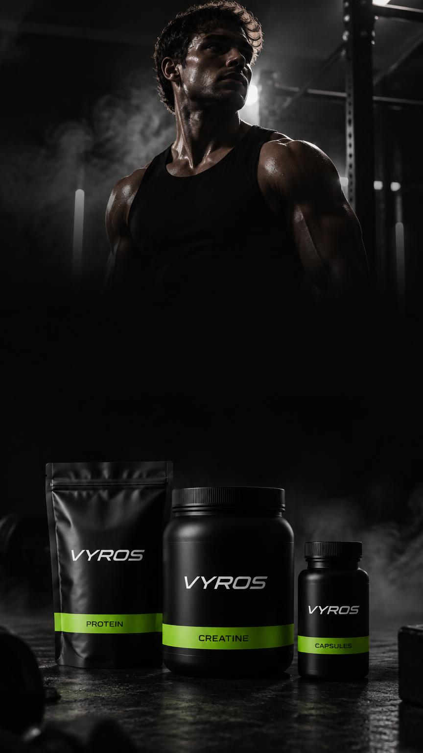 Athlete in a dark gym beside VYROS pouch, tub and bottle